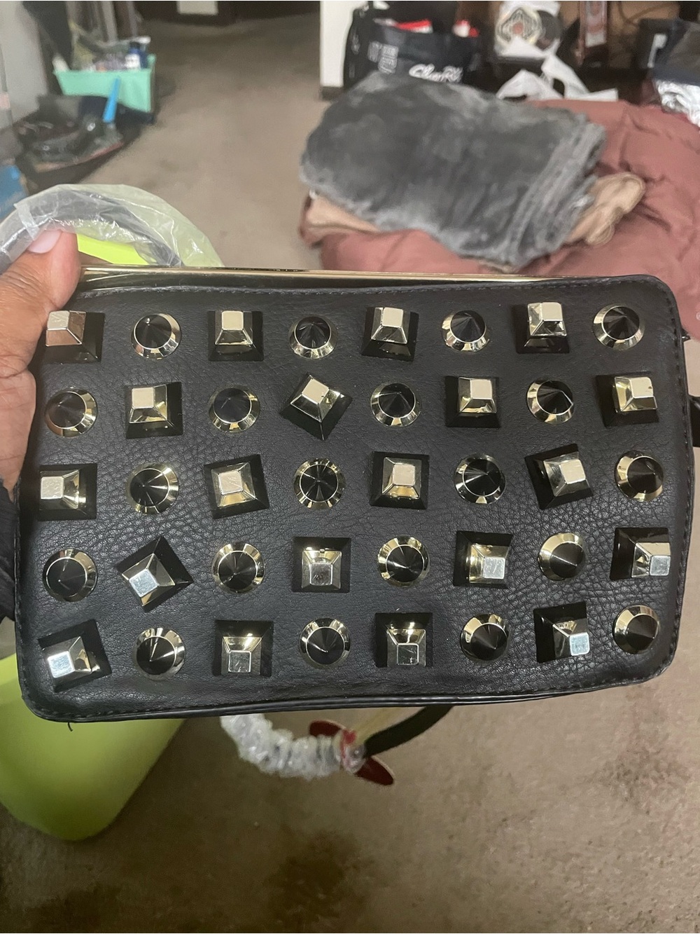 Studded Black Leather Wristlet with Gold-Tone Accents
